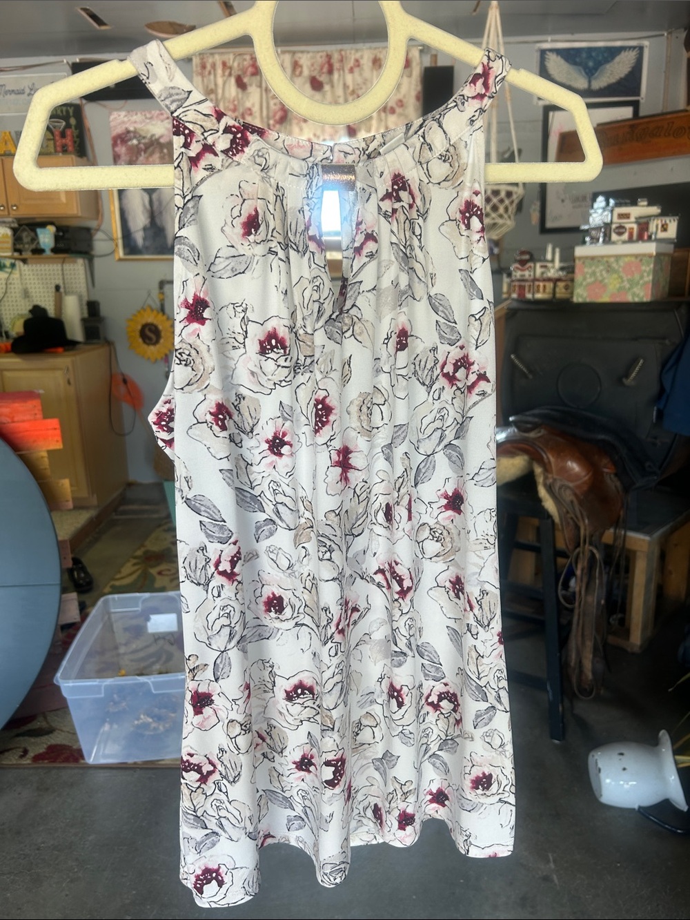 White House Black Market White Floral Tank with Accents